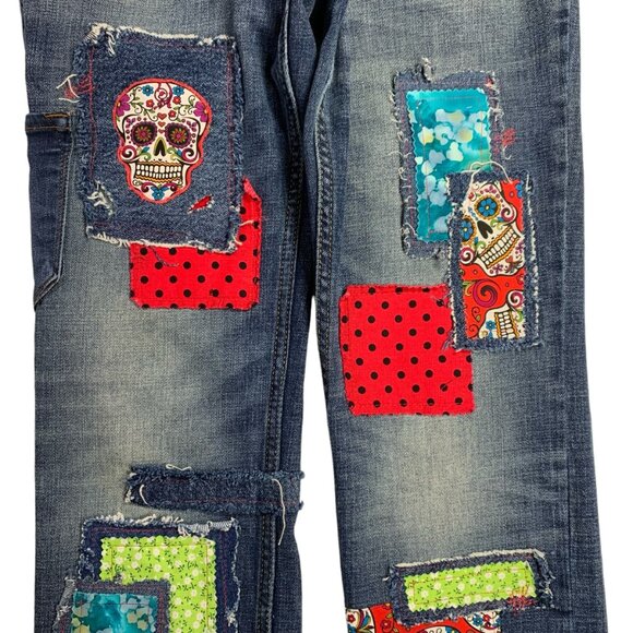 Cat Jack Stretch Jeans Day of the Dead Boho Sugar Skull Patch Red Black Girls 14 - Picture 3 of 12